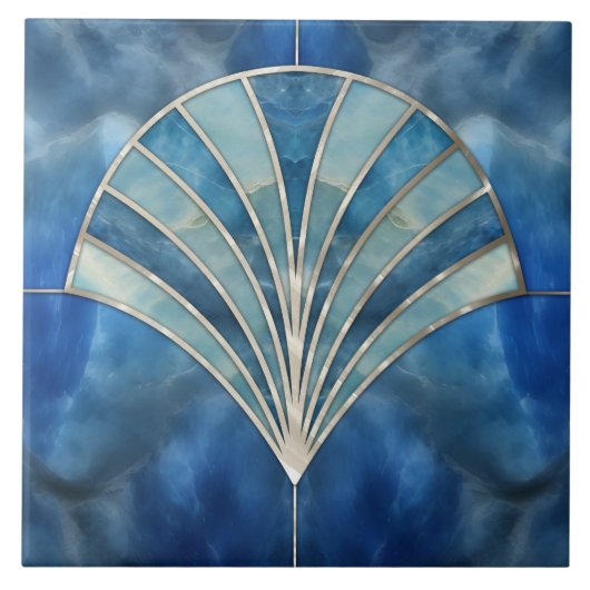 Art Deco Muschel - Blue Marble & Pearl Fliese (Vorderseite)
