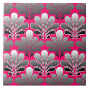 Art Deco Muschel Muster, grau und Fuchsia Pink Fliese