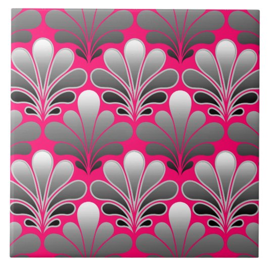 Art Deco Muschel Muster, grau und Fuchsia Pink Fliese (Vorderseite)