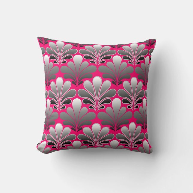 Art Deco Muschel Muster, grau und Fuchsia Pink Kissen (Vorderseite)