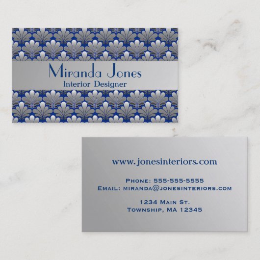 Art Deco Muschel Muster, Silber und Cobalt Blue Bu Visitenkarte (Vorne/Hinten)