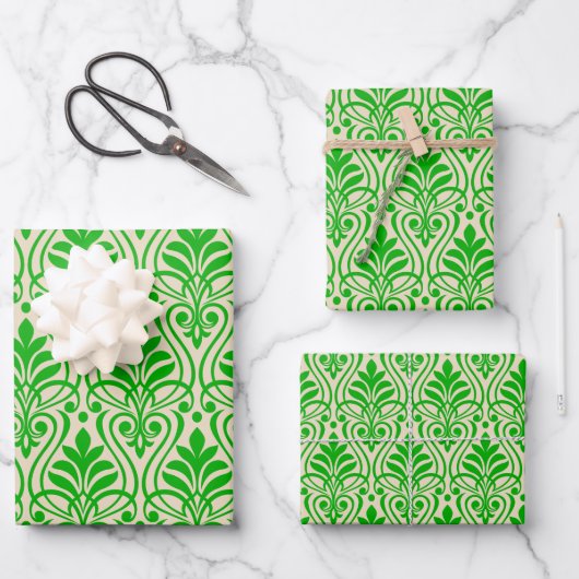 Art-Deco-Muster 01 - Dunkles Lime Green auf Off-Wh Geschenkpapier Set (Vorderseite)