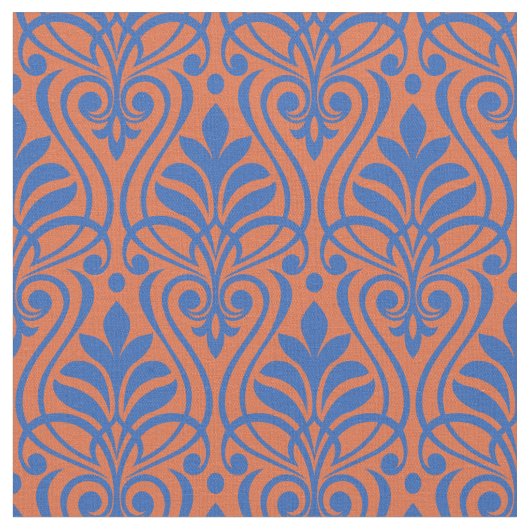 Art Deco Muster 01 - Preußisches Blau auf Orange Stoff (Nahaufnahme)
