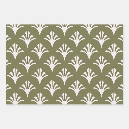 Art Deco Muster 02 - Weiß auf Camouflage Green Geschenkpapier Set (Vorderseite)
