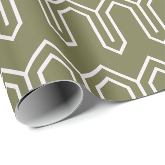 Art Deco Muster 05 - Weiß auf Camouflage Green Geschenkpapier (Rolleneckpunkt)
