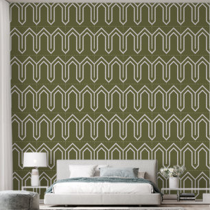 Art Deco Muster 05 - Weiß auf Camouflage Green Tapete
