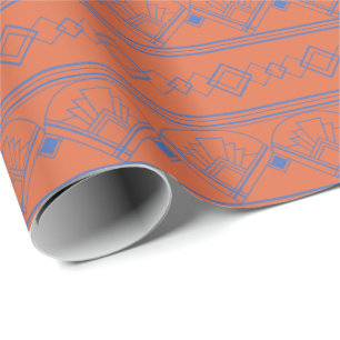 Art Deco Muster 08 - Preußischblau auf Orange Geschenkpapier