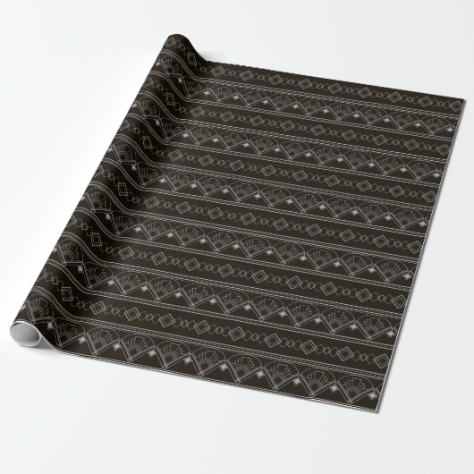 Art Deco Muster 08 - Spanisches Grau auf Schwarz Geschenkpapier (Ungerollt)
