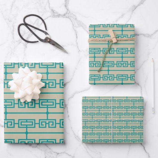 Art Deco Muster 09 - Aquamarin auf Off-White Geschenkpapier Set (Vorderseite)