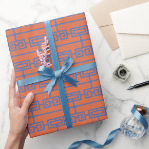 Art Deco Muster 09 - Preußen Blau auf Orange Geschenkpapier