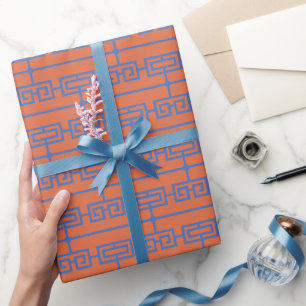 Art Deco Muster 09 - Preußisch Blau auf Orange Geschenkpapier