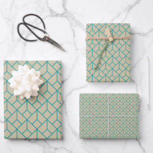 Art-Deco-Muster 12 - Aquamarin auf Off-White Geschenkpapier Set