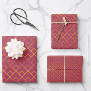 Art Deco Muster 12 - Deko Gold auf Himbeerrosa Geschenkpapier Set
