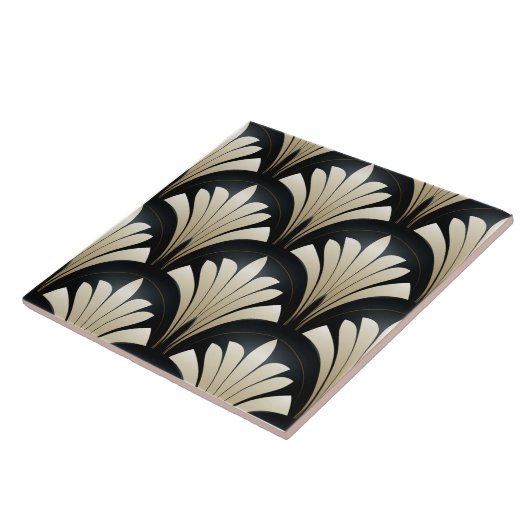 Art-Deco-Muster, Blätter in Schwarz und Beige Fliese (Seite)