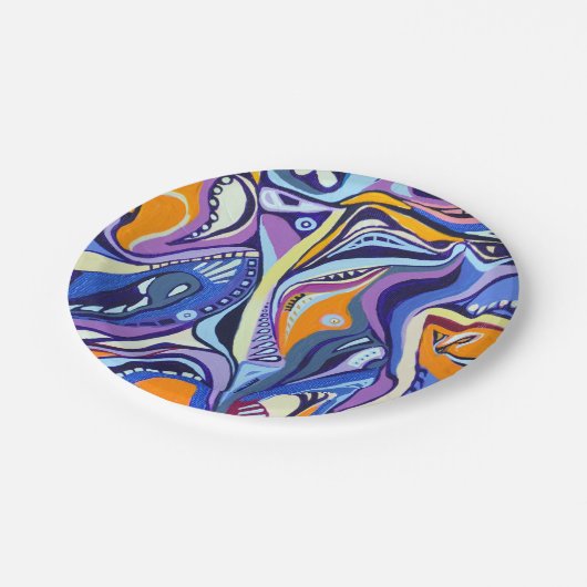 Art-Deco-Muster - blau und orange Pappteller (Schrägansicht)