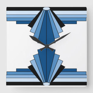 Art Deco-Muster in Blau und Schwarz Quadratische Wanduhr