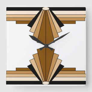 Art Deco-Muster in Braun, Beige und Schwarz Quadratische Wanduhr