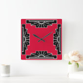 Art-Déco-Muster in Rot Quadratische Wanduhr (Zuhause)