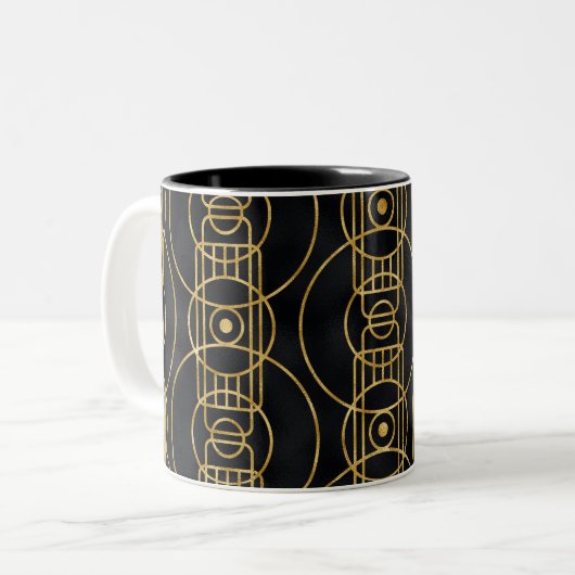 Art-Deco-Muster in Schwarz und Gold Zweifarbige Tasse (Vorderseite Links)