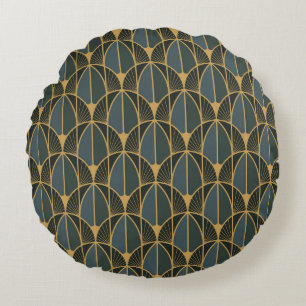 Art Deco-Muster mit goldenen geometrischen Formen, Rundes Kissen