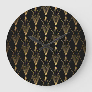 Art Deco: Nahtloser schwarzer Gold Luxus Große Wanduhr