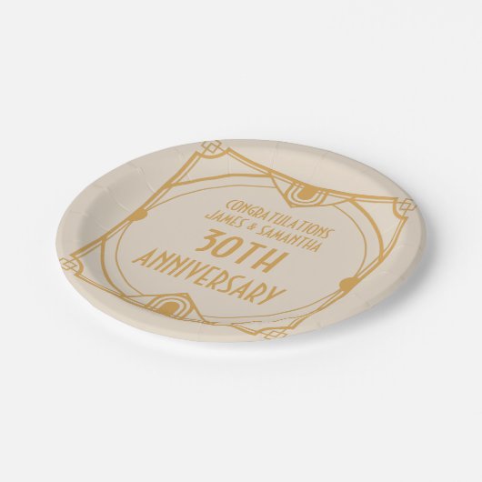 Art Deco Name 40th Wedding Anniversary Pearl Cream Pappteller (Schrägansicht)