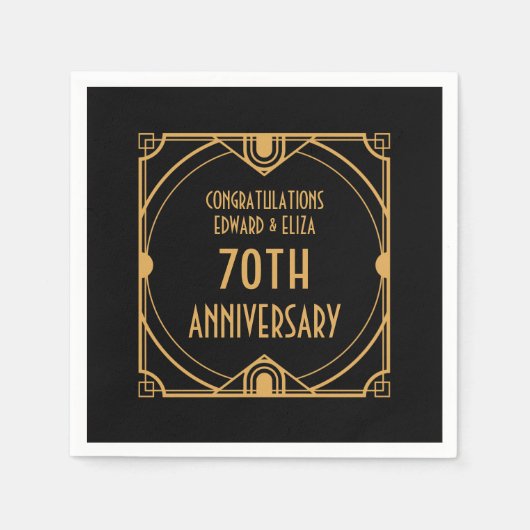 Art Deco Name 70th Wedding Anniversary Gold Black Serviette (Vorderseite)