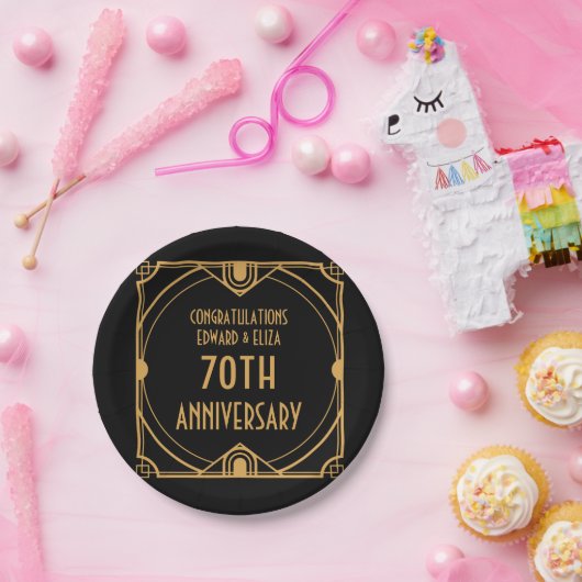 Art Deco Namen 70. Hochzeit Anniversary Black Pappteller (Party)