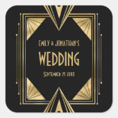 Art Deco Namen Datum Schwarze Hochzeit Quadratischer Aufkleber (Vorderseite)