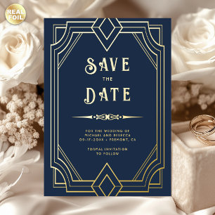 Art Deco Navy Blau Gold Hochzeit Termin merken Folieneinladung