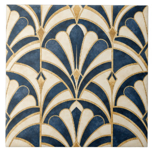 Art Deco Navy Blau und Gold Fächer Keramikfliese
