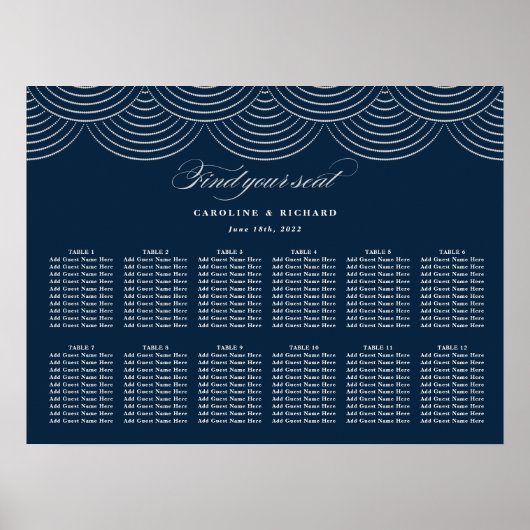 Art Deco Navy Blue Silver Wedding Chart Poster (Vorne)