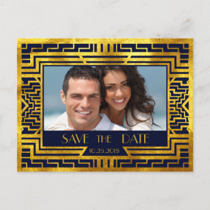 Art Deco Navy Gold Geometric Modern Save the Date Ankündigungspostkarte