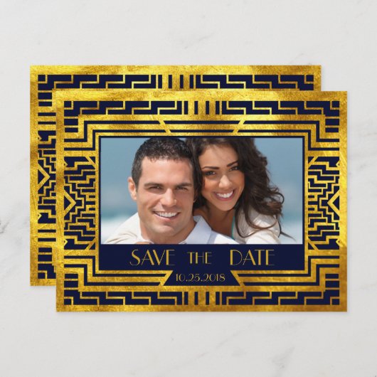 Art Deco Navy Gold Geometric Modern Save the Date Ankündigungspostkarte (Vorne/Hinten)