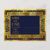 Art Deco Navy Gold Geometric Modern Save the Date Ankündigungspostkarte (Rückseite)