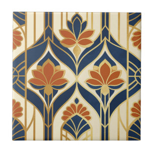 Art Deco Navy Terrakotta & Gold Lotus Fliese