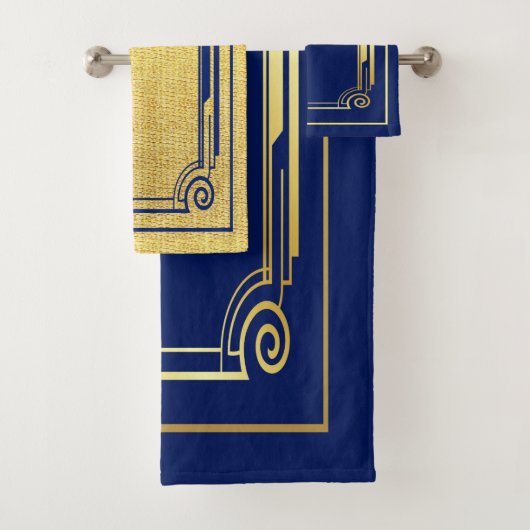 Art Deco Navy und Gold Frame Badhandtuch Set (Insitu)