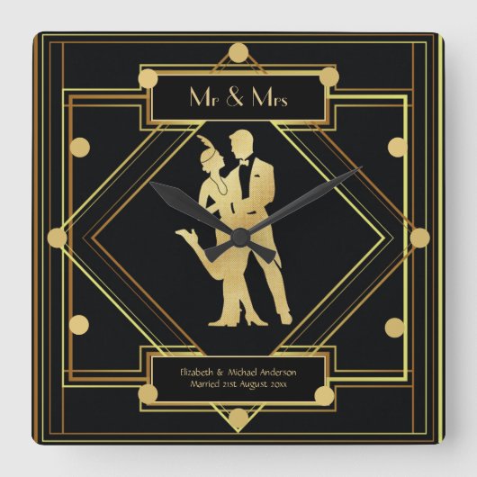 Art Deco Newlyweds Couple Black Gold Custom der 19 Quadratische Wanduhr (Vorderseite)