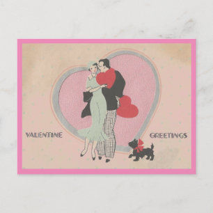 Art Deco Niedliches Paar & Hund Vintag Valentine Postkarte