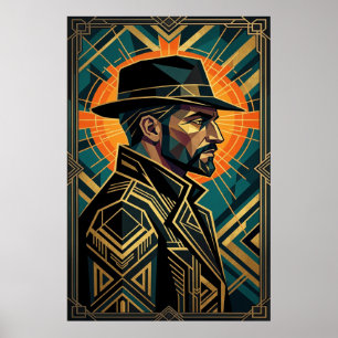 Art Deco Noir Detektiv Fedora Profil Gold Poster