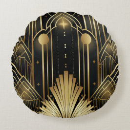 Art Deco Noir und or - elegantes Vintage Rundes Kissen