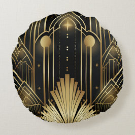 Art Deco Noir und or - elegantes Vintage Rundes Kissen