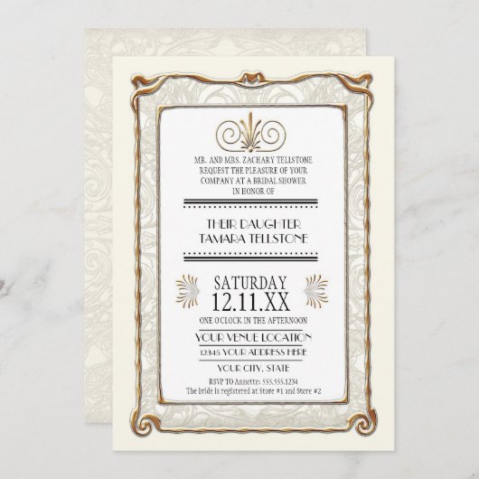 Art Deco Nouveau Gatsby Style Gold an Spitzen Look Einladung (Vorne/Hinten)