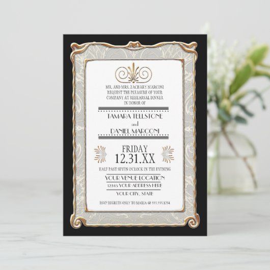 Art Deco Nouveau Gatsby Style Gold an Spitzen Look Einladung (Stehend Vorderseite)