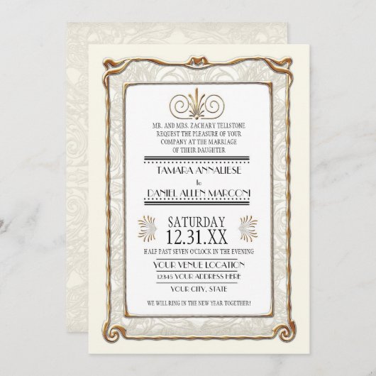 Art Deco Nouveau Gatsby Style Gold an Spitzen Look Einladung (Vorne/Hinten)