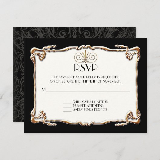 Art Deco Nouveau Gatsby Style Gold an Spitzen Look RSVP Karte (Vorne/Hinten)