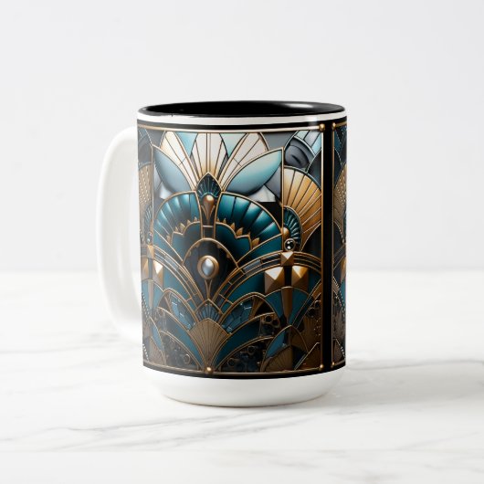 Art Deco Nouveau Gold Aquamarin Black Zweifarbige Tasse (Vorderseite Links)