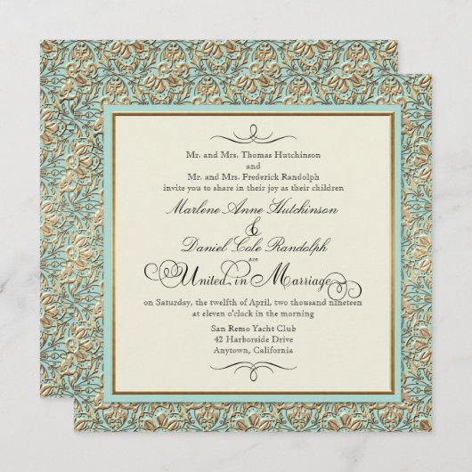 Art Deco Nouveau Imitate Gold Flora Damaskus Einladung (Vorne/Hinten)