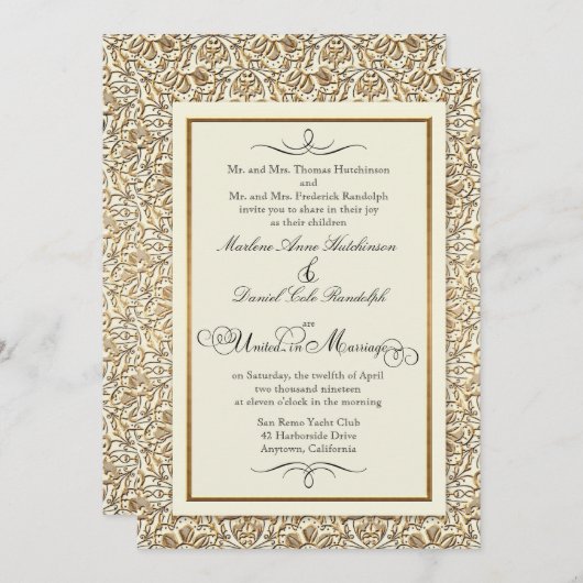 Art Deco Nouveau Imitate Gold Flora Damaskus Einladung (Vorne/Hinten)