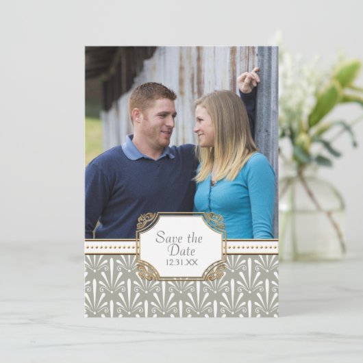 Art Deco Nouveau Modern Fan Muschel Muster Save The Date (Stehend Vorderseite)